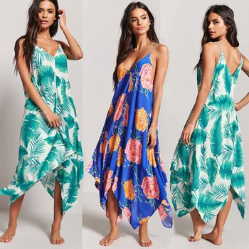 

New Sexy Women Dress 2018 Summer Long Floral Print Asymmetrical Dresses Lady Evening Party Long Beach Dress Cover-Ups