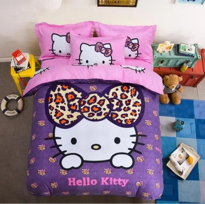 Bedding Set Cartoon Hello Kit cat Doraemon 4pcs/3pcs Duvet Cover Sets Soft Polyester Bed Linen Flat Bed Sheet Set Pillowcase - Image 2