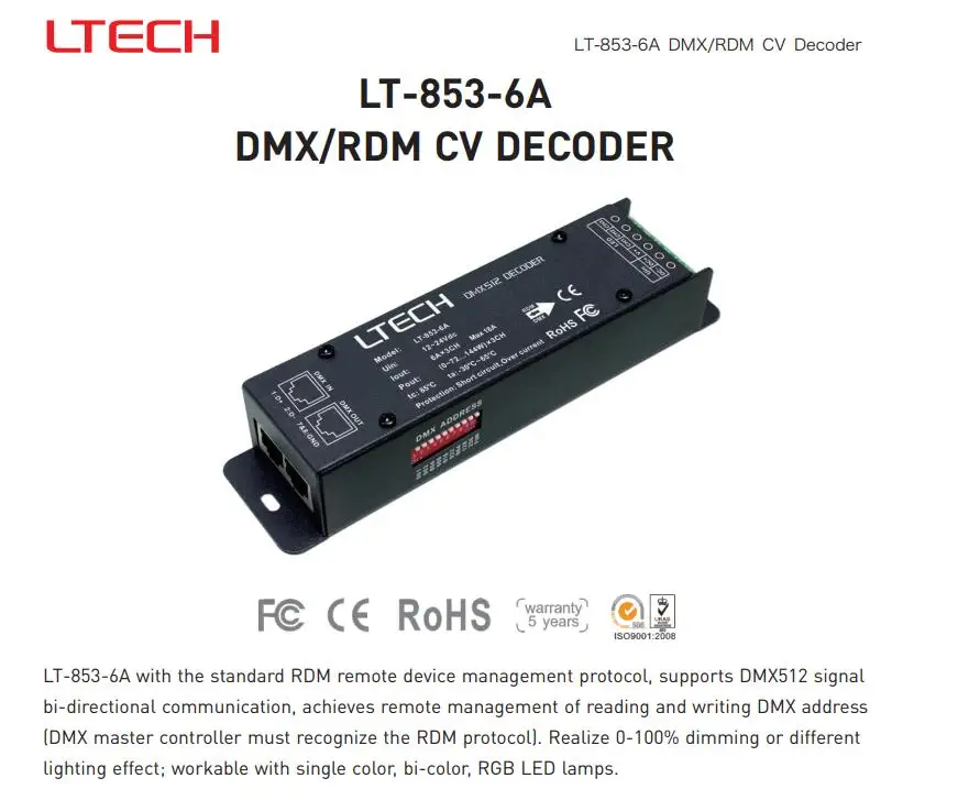 

LTECH LT-853-6A DC12-24V 3CH CV DMX RDM LED Decoder 6A*3CH Max 18A output RJ45 DIP Switch for RGB LED Strip Light Lamp Tape