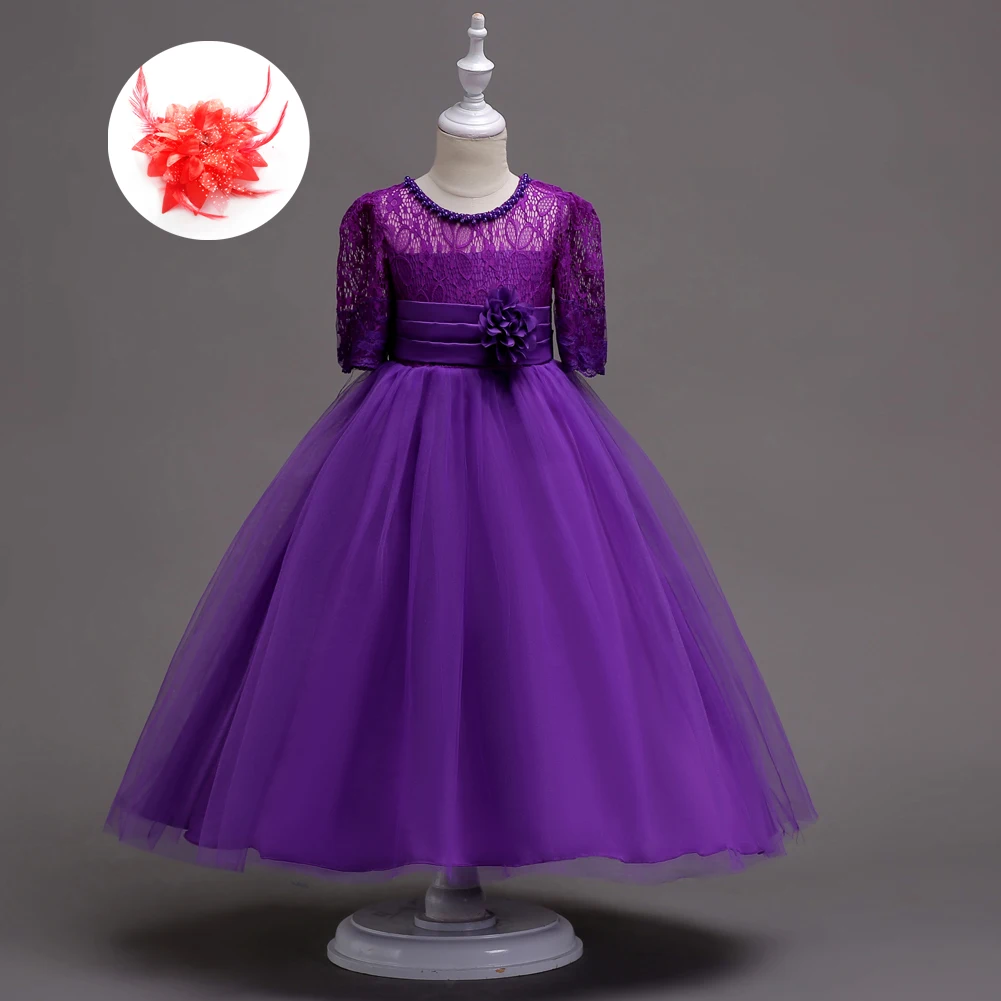 Детские вечерние платья принцессы с кружевными рукавами и бусинами на шее; темно-синее, фиолетовое, красное, белое платье для девочек; От 4 до 14 лет - Цвет: Фиолетовый