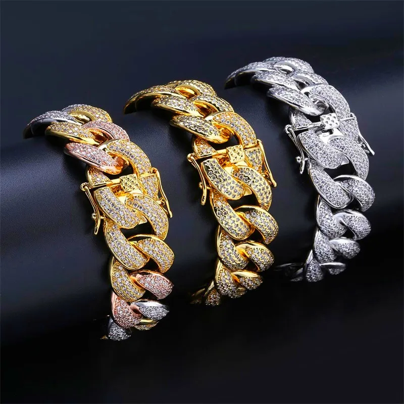 

Hip Hop Iced Out Micro Pave AAA CZ Stone Bracelet Copper 18mm Link Chain Bracelets Colorful Rhinestone Jewelry For Men Women