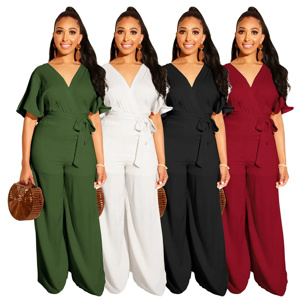

Summer Jumpsuit Romper Short Sleeve V Neck Casual Solid Playsuit Overalls Women Wide Leg Loose Bodysuit Tracksuit Long Pant