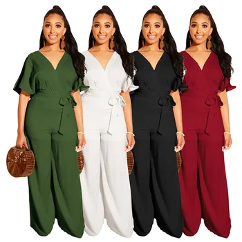 

Summer Jumpsuit Romper Short Sleeve V Neck Casual Solid Playsuit Overalls Women Wide Leg Loose Bodysuit Tracksuit Long Pant