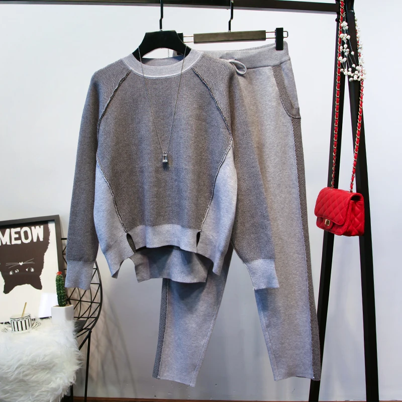 Комплект из двух предметов, женский спортивный костюм для женщин, местный пуловер, Толстовка и штаны, комплект, повседневные спортивные костюмы, наряды - Цвет: Gray