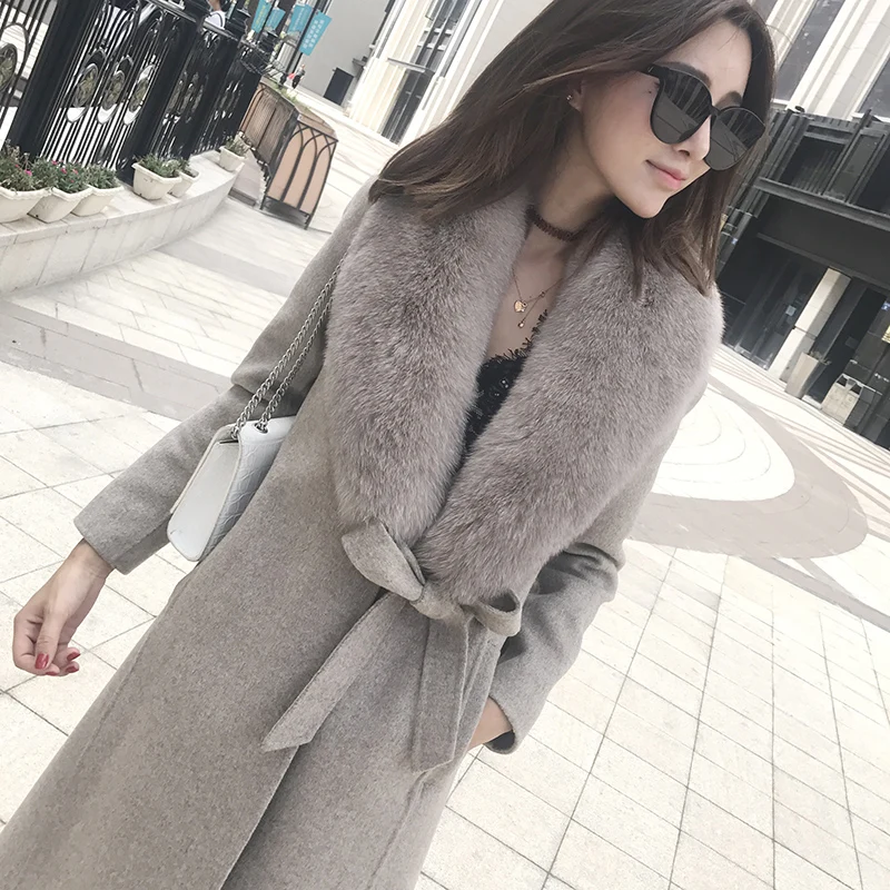 

Discount Sale Office Lady Casual Wear Wool Blend Long Trench Coat with Belt Outwear Cute Cashmere Real Fox Fur Collar Women Coat
