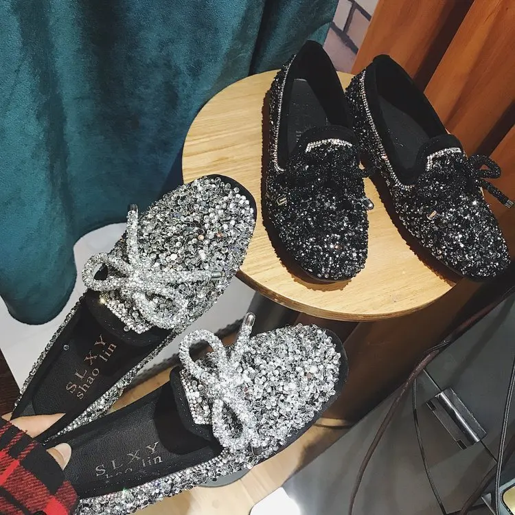 SWYIVY Flats Laofers Shoes Woman Rhinestone 2018 Autumn New Female Bow Casual Shoes Square Toe Bling Bling Slip On Ladies Flats