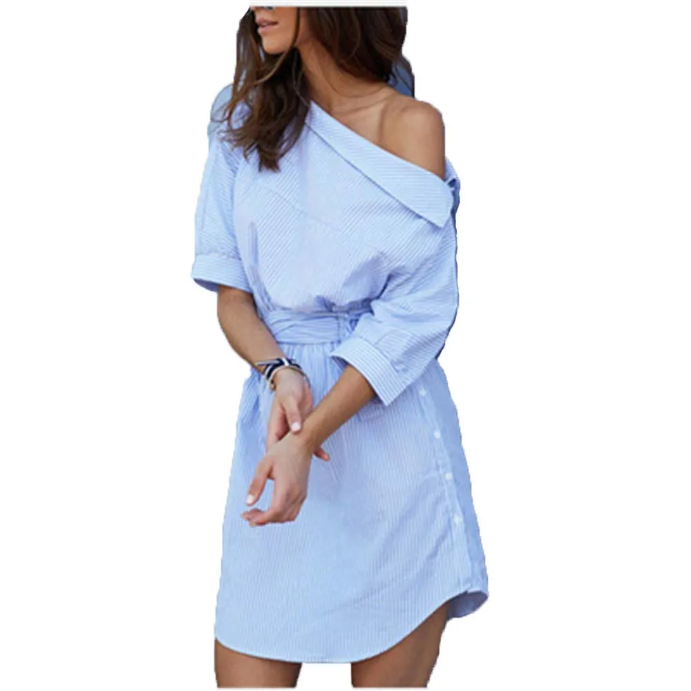 

Slash Neck Shirt Dress Women Dress Blue Striped Half Sleeve Mini Sundress Summer Sexy Beach Bandage Dresses S-2XL Vestidos