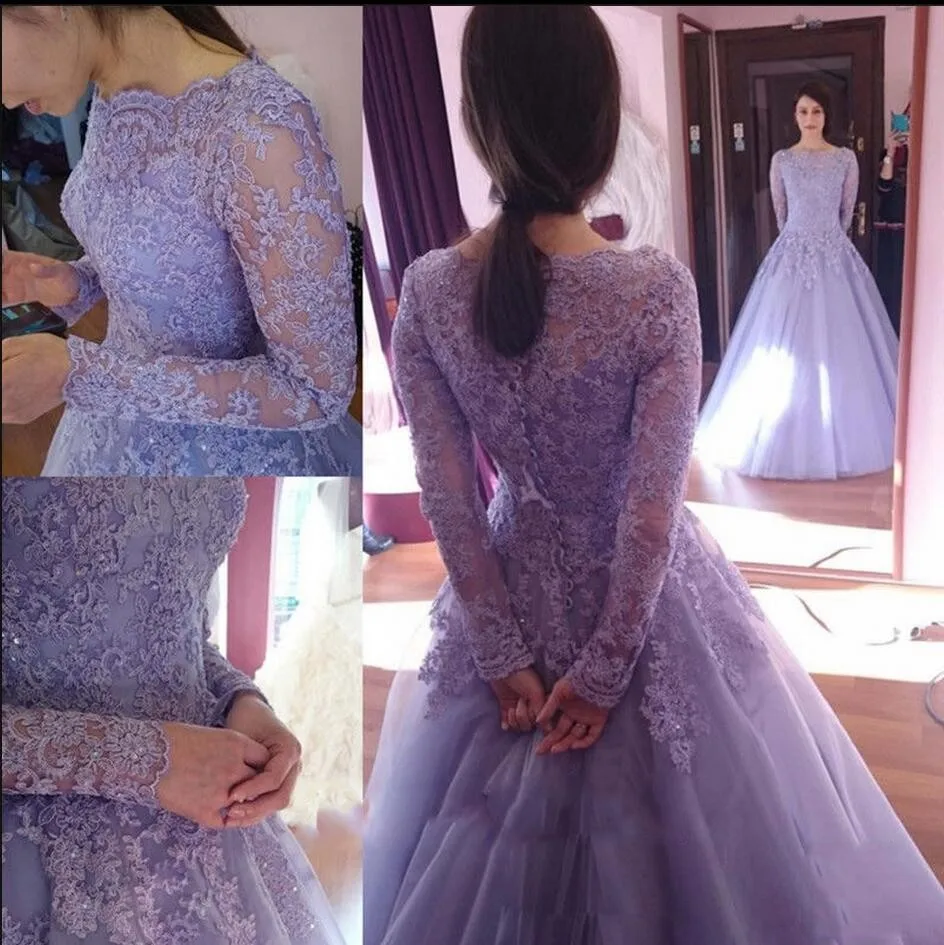 Romantic Lavender A Line Lace Wedding Dress Long Sleeve Appliques Beading Sequins Custom Made Bride Bridal Gown vestido de noiva
