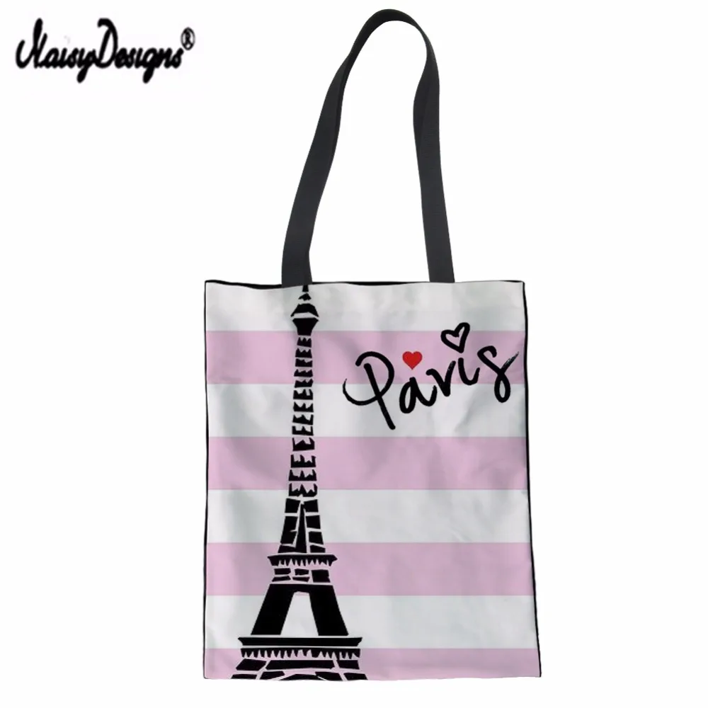 

NOISYDESIGNS Cute Style Stripes Top-handle Bags Sac Main Femme Totes Love Paris Pattern Printing Women 2019 Summer DIY Beach Bag