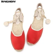 TINGHON/Модные женские эспадрильи; парусиновые красные римские туфли на плоской подошве с ремешком на лодыжке