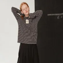 Зимняя тонкая водолазка в полоску с длинными рукавами, женские футболки, рисунок из мультфильма, вышивка, оборки, манжеты, женская теплая майка