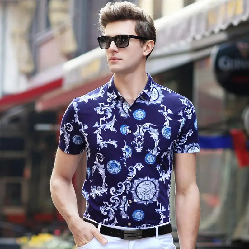 2017 New Fashion Men's Print Shirt Summer Short Sleeve Slim Fit Shirt