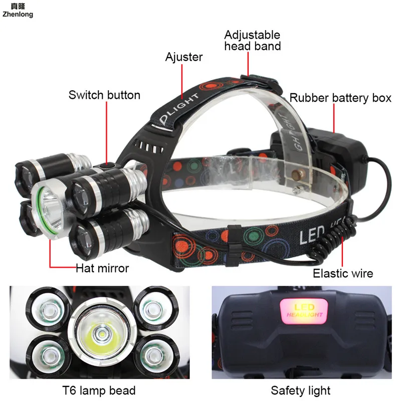 

1*XML-T6 & 4*XPE LED Head Lamp 3500lm Headlamp 5leds Headlight Tube Torch LED Flashlightr+18650 Batteries USB Charging Highlight