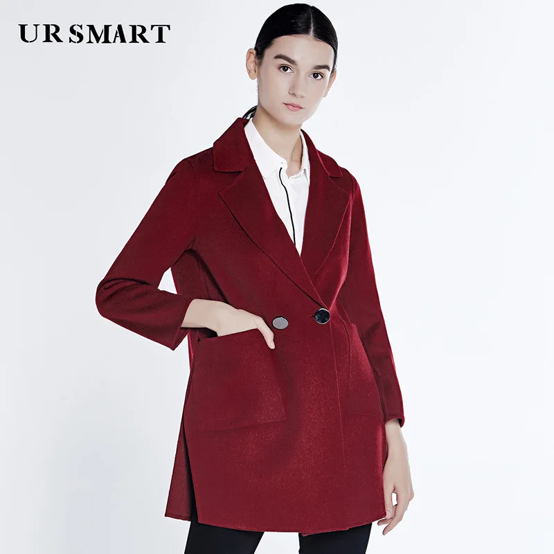 URSMART классический верблюжий короткий абзац двухстороннее шерстяное пальто женское новое зимнее свободное нулевое кашемировое шерстяное пальто - Цвет: Wine red
