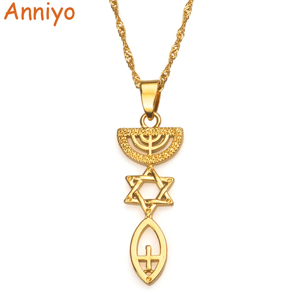 

Anniyo Messianic Necklace Jewish Holy Land Menorah Hexagram Israel Jewelry Mogen David Gold Color Hanukiah/Chanukkiyah #005710