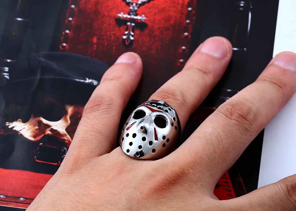 Байер Новое мужское кольцо в стиле панк 316L нержавеющая сталь байкер Джейсон Voorhees Хоккейная маска с красным цветом антикварные мужские ювелирные изделия LLBR8-461R