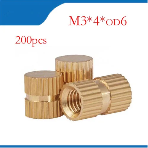 200pcs M3 x 6mm x OD 4mm Injection Molding Brass Knurled Thread Inserts