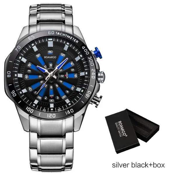 BOAMIGO Топ люксовый бренд мужские спортивные часы модные цифровые кварцевые часы из нержавеющей стали наручные часы водонепроницаемые Relogio Masculino - Цвет: silver black box