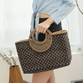 

Black Women Handbag Handmade Round Top Handle Straw Bag Bohemian Woven Summer Beach Bags Female Large Capacity Casual Tote
