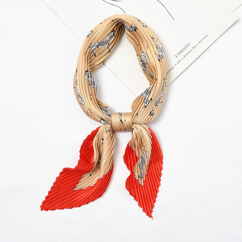 

Zebra Silk Pleated Scarf for Women Crinkle Gentle Foulard Small Neck Bandana Crumple Square Headwear [3960]