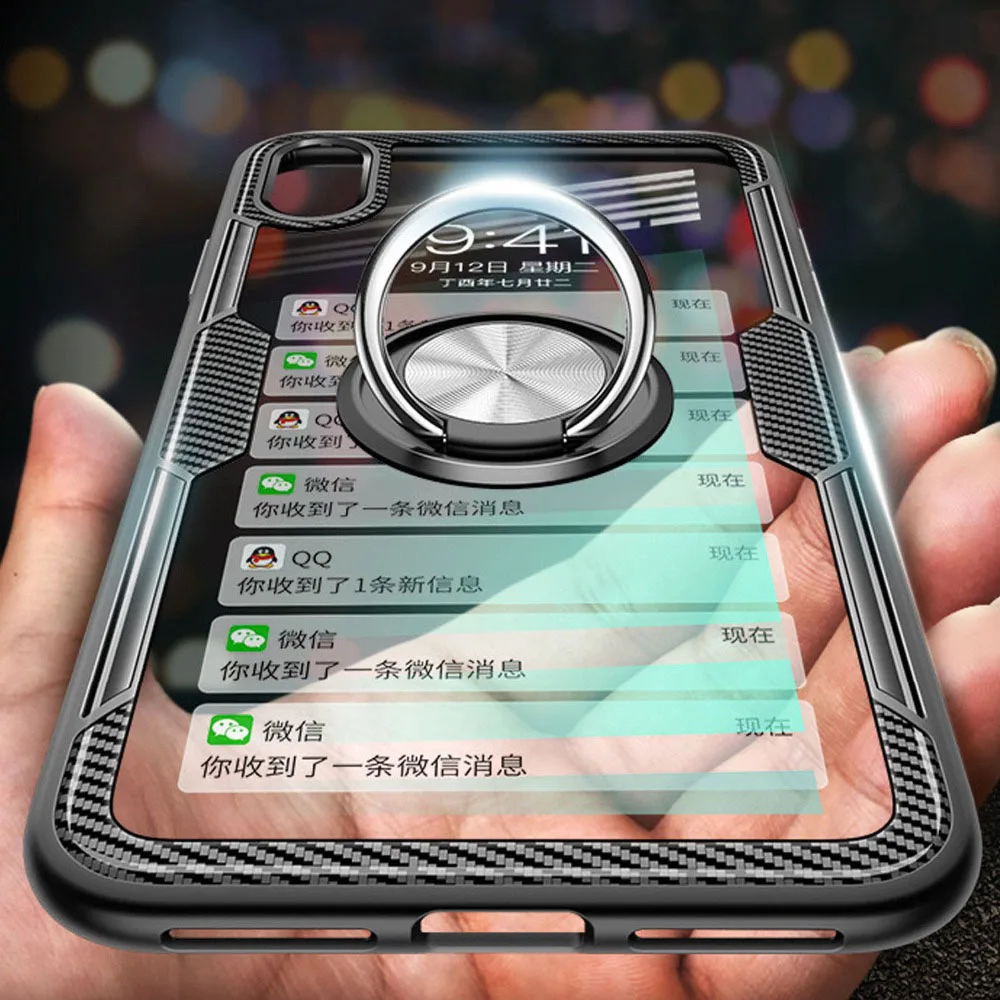 

Luxury Clear Armor Phone Case for iPhone X XS MAX XR Transparent Magnetic Car Ring Holder Hard PC Cover For iphone 8 7 6 6S Plus