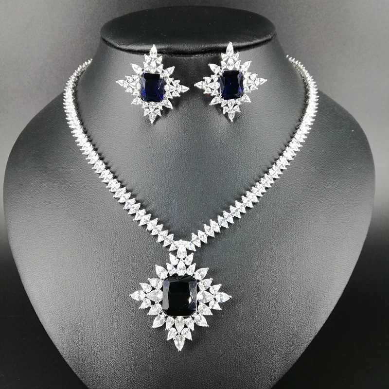 

NEW fashion exquisite elegant noble blue square AAA zircon necklace earring set,wedding bride party dress dinner jewelry set