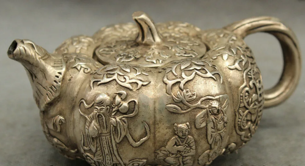 

Chinese Folk Silver Childs Longevity Shou Star Pumpkin Statue Teapot Wine Pot