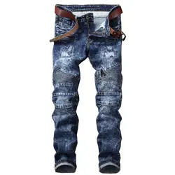 Newsosoo модные Для мужчин с проблемных мотоциклетные джинсовые штаны Slim Fit прямые зимние байкерские джинсовые брюки промытый, плиссированный