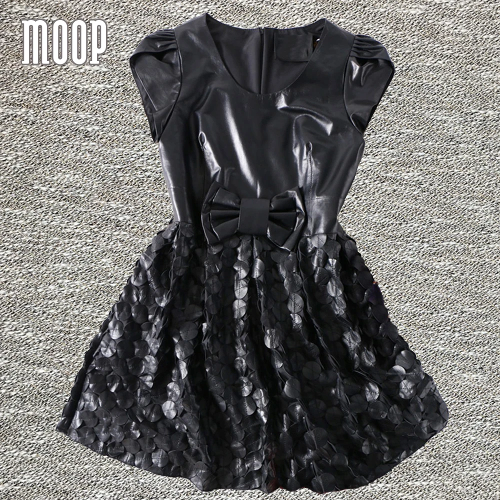 Американский сексуальный черный натуральная кожа dress женщины dot pattern овчины Линии