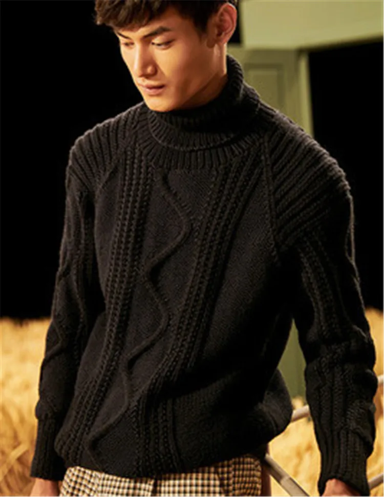 Новая мода ручная работа чистая шерсть вязаный мужской однотонный водолазка H-прямой пуловер свитер один и более размер