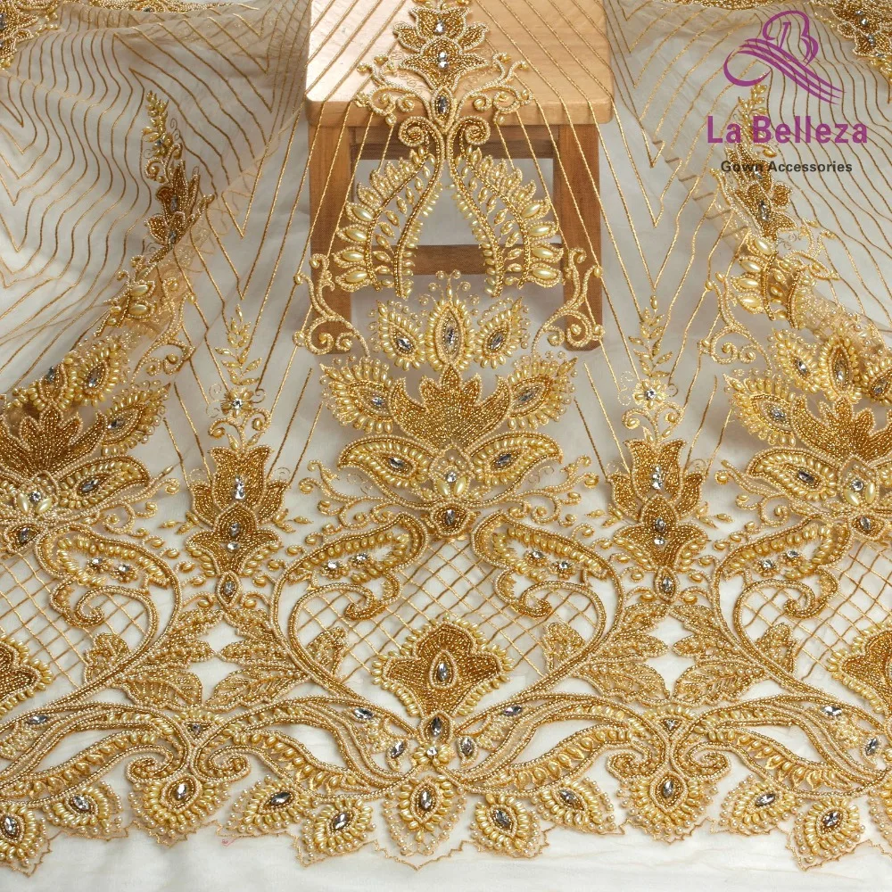 La Belleza 1 yard zware handgemaakte kralen kant stof crystal lace ivoor/goud/navy/rode trouwjurk kant stof 49 ''breedte La Belleza 1 yard zware handgemaakte kralen kant stof crystal lace ivoor/goud/navy/rode trouwjurk kant stof 49 ''breedte