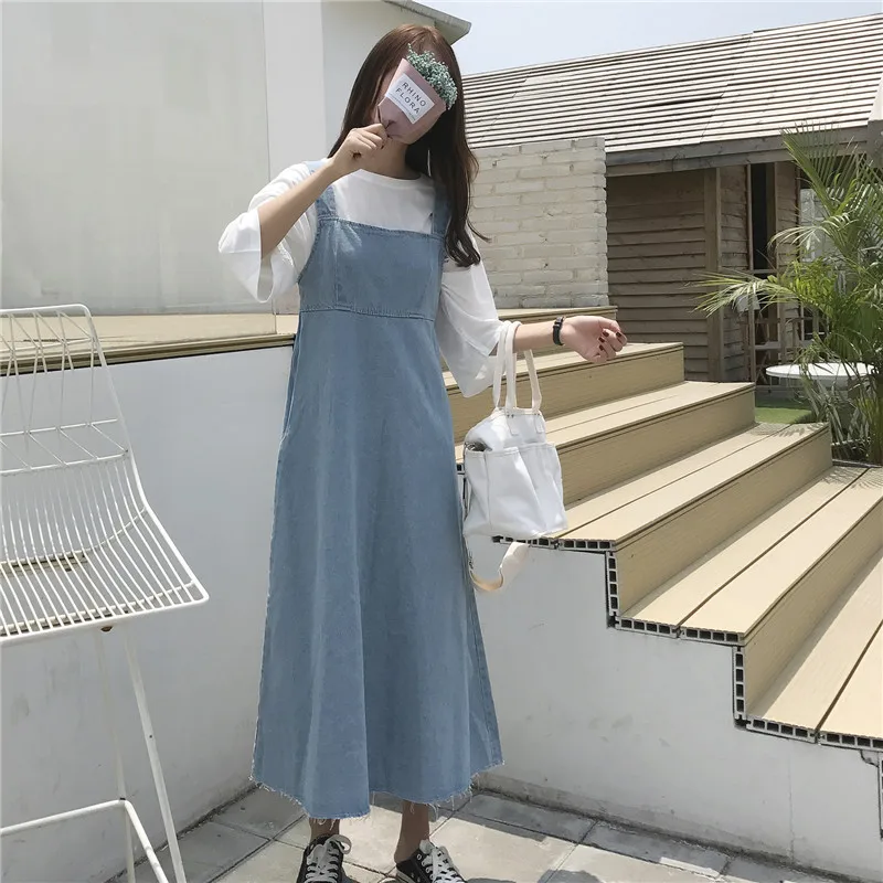 

Korean Women Plus Size Denim Suspenders Dress Japanese Summer Fashion Maxi Jeans 2018 Loose Dress Sleeveless Ladies Long Dresses