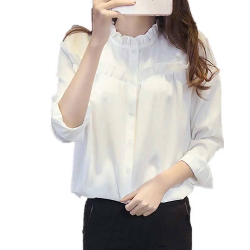 LOSSKY белый воротник Для женщин рубашка блузка с длинным рукавом осень женские офисные футболки формальные тонкий кнопка оборками ПР блузки
