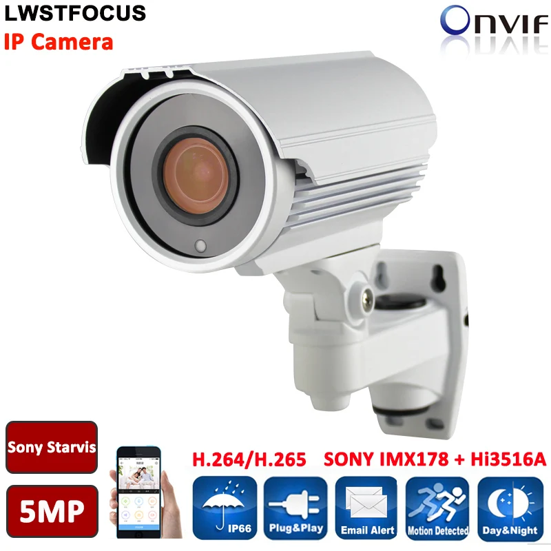 

LWSTFOCUS H.265/264 5MP 2592(H)*1944(V) Network IP Camera Sony IMX178+Hi3516A Bullet Camera HD 6MP 3.6mm lens POE IR 40M Onvif