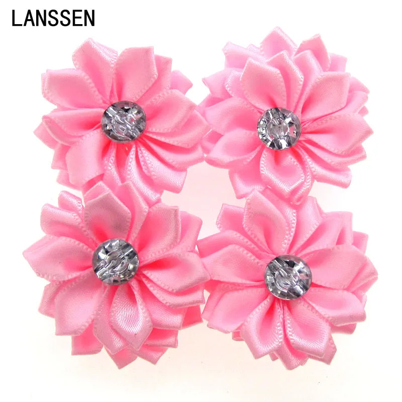12pcs Pink Satin Ribbon Flowers With Rhinestone Multilayers Fabric