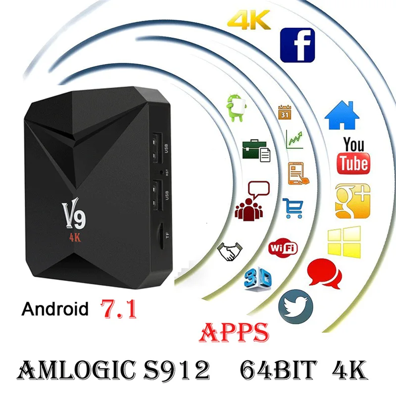 

V9 Android 7.1 TV Box WiFi S912 Smart TV Box Remote 2GB RAM 8GB ROM TF Quad Core Set-top Box 4K Media Player Set-top Box