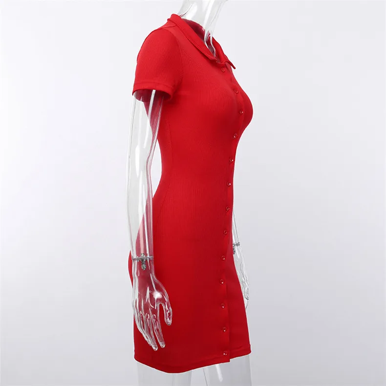 Forefair Short Sleeve Button Sexy Dress Summer Casual Short Knitted Turn Down Collar Red Black White Mini Bodycon Dress Women