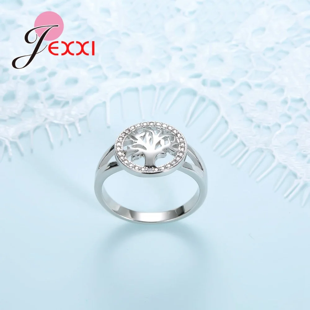 JEXXI Tree of Life 925 Sterling Silver Rings For Women Cubic Zirconia Silver Wedding Ring For Girl New Desigh Tree Accessory