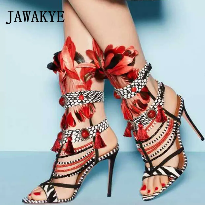 

Fashion Red Feather Sandals Women Catwalk Runway Shoes Woman high heels Summer Party Shoes Zebra-striped horsehair Beaded Sandal