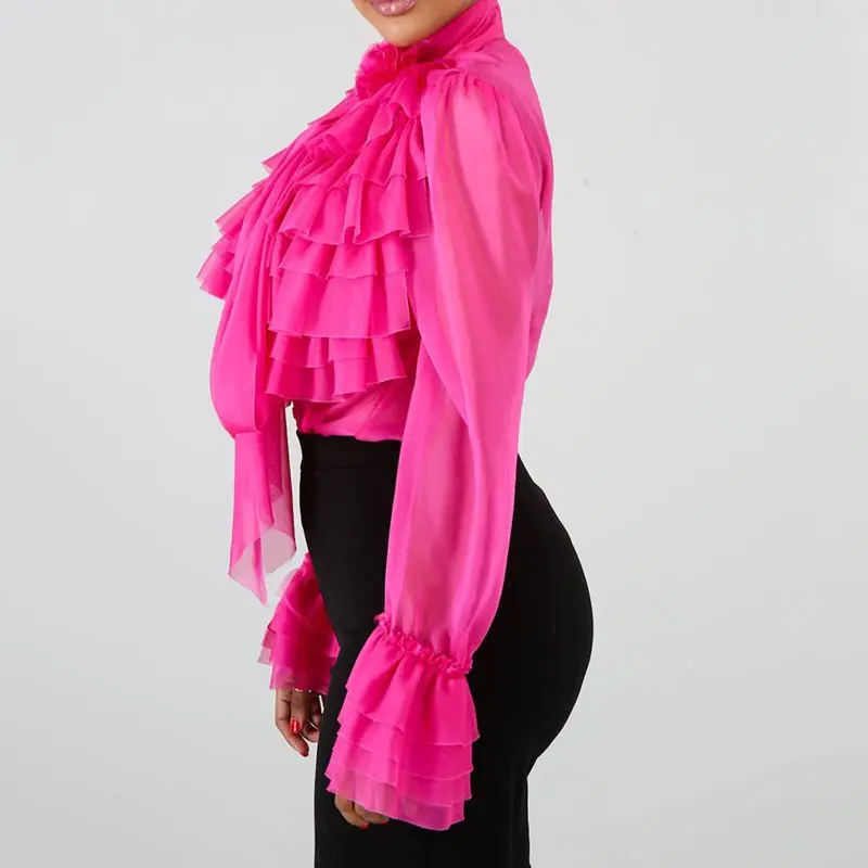 Винтажная однотонная блузка с оборками, женские розовые Топы с длинным рукавом и бантом, женские топы, летние офисные рубашки и блузки больших размеров