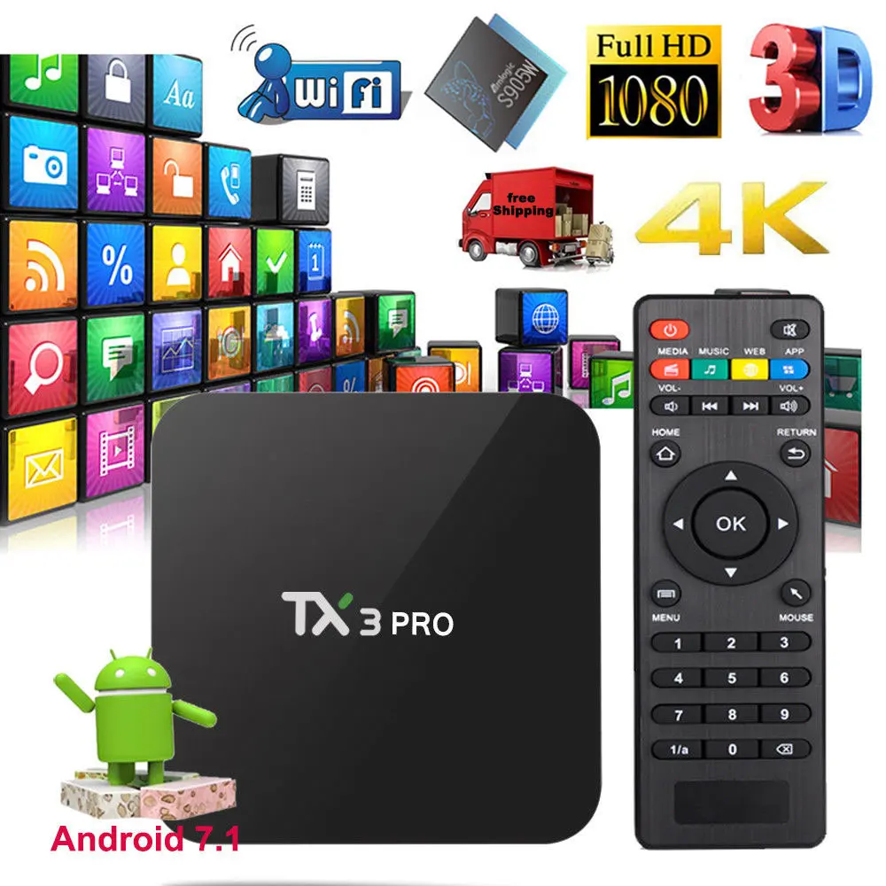 TX3 PRO Android 7,1 ТВ Box Amlogic S905W Quad-core 64bit H.265 Dlna Wi-Fi LAN Smart Media Player 1 ГБ/8 ГБ Декодер каналов кабельного телевидения компьютерной приставки к телевизору