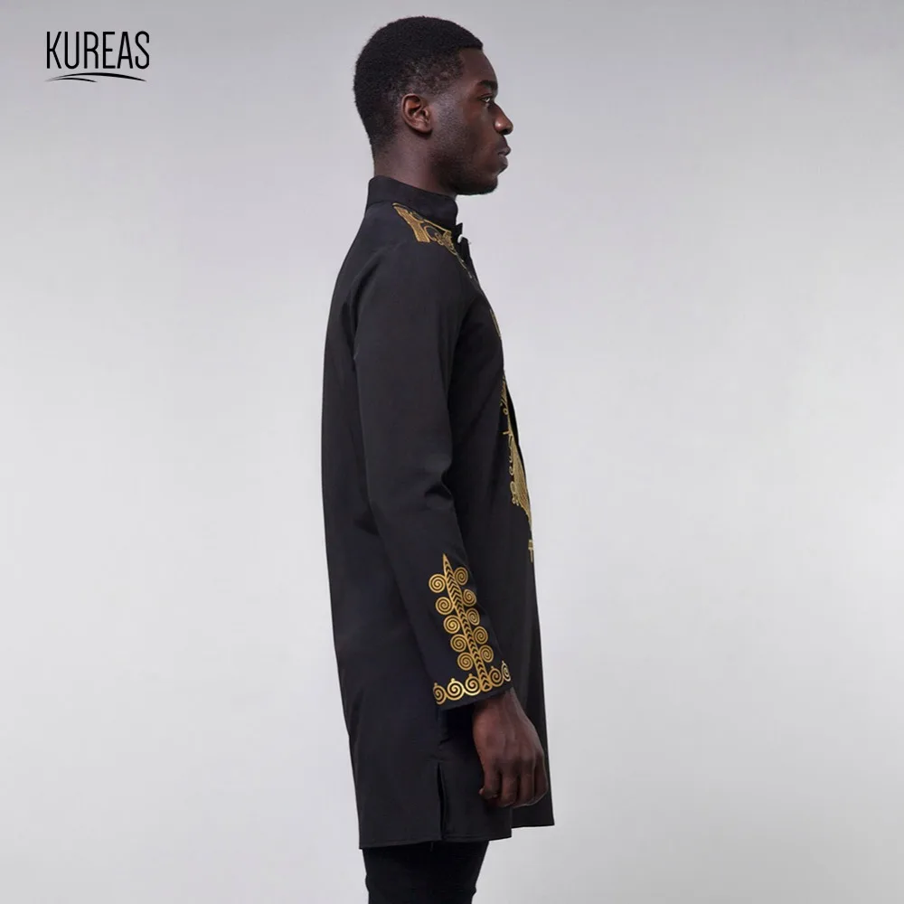 Kureas Дашики мужская одежда в африканском стиле принт Хенли рубашки с длинным рукавом традиционная Африка средней длины одежда Slim Fit Топы