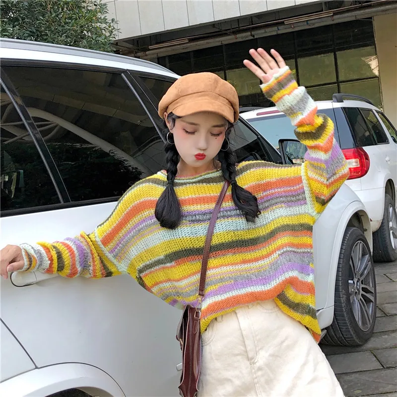 2018 Autumn ulzzang thin section New striped rainbow loose knit top Korean pop Harajuku casual pullover Hole women sweater 2018 Autumn ulzzang thin section New striped rainbow loose knit top Korean pop Harajuku casual pullover Hole women sweater