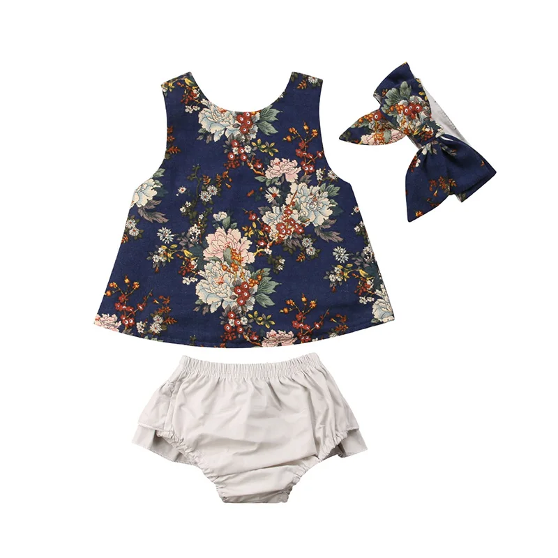 

0-3Y Newborn Toddler Baby Girl Sleeveless Floral Vest Back Cross Tops+Ruffles Shorts Baby Bloomers Headband 3PCS Clothing Set