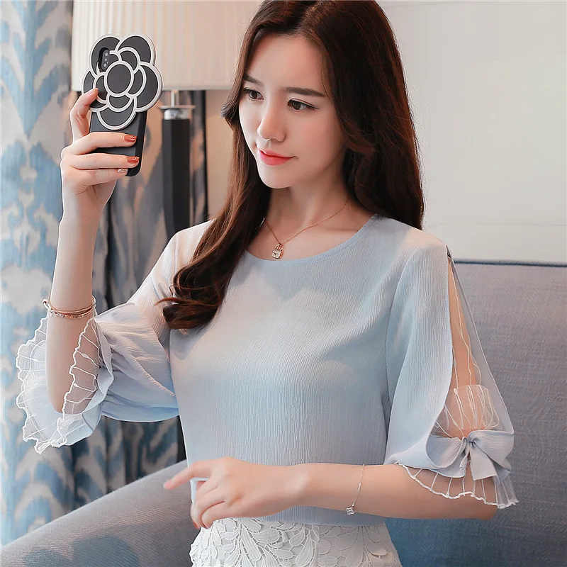 

2019 fashion chiffon women's clothing summer half sleeve light blue women shirt blouse sweet o-neck women's tops blusas C0697