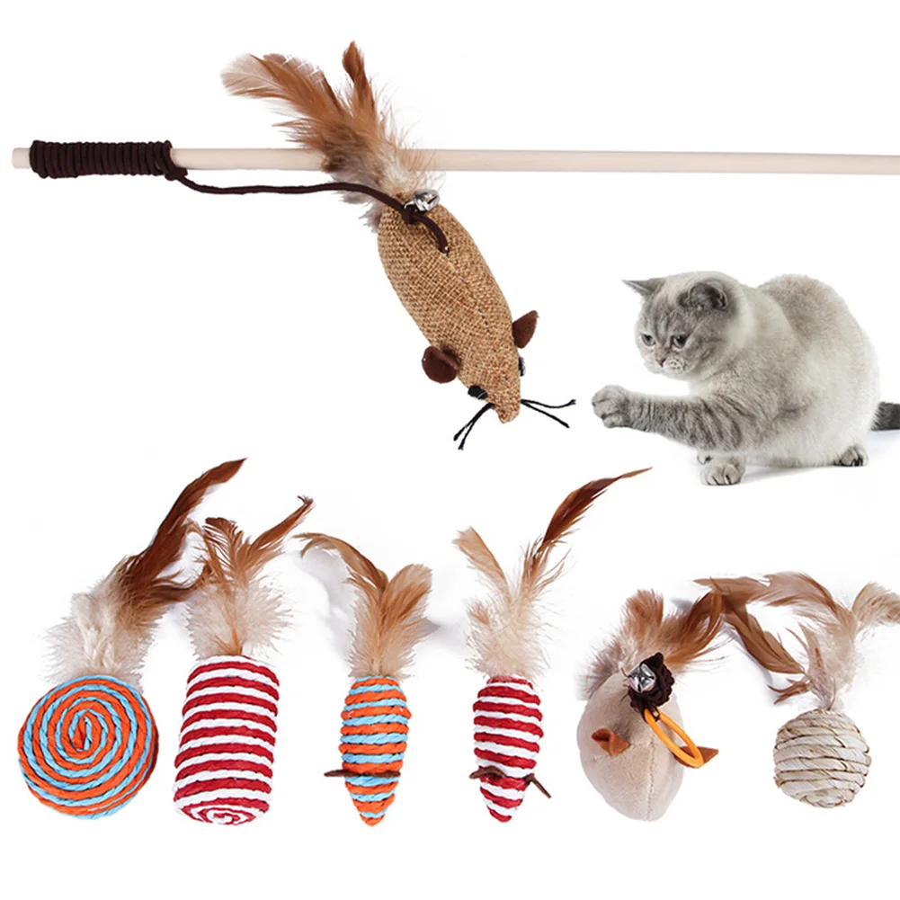 7 шт. игрушечная Мышка для кошки набор перо милый дизайн птичье перо плюшевая игрушка домашнего питомца кошатник палочка игрушка для кошек