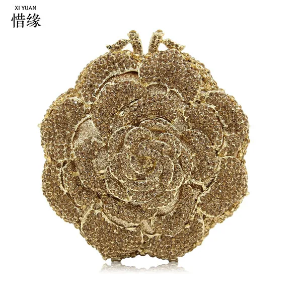 XIYUAN BRAND women rose shape gold diamond evening bag femme pochette bag luxury Crystal day Clutch bling party purse XIYUAN BRAND women rose shape gold diamond evening bag femme pochette bag luxury Crystal day Clutch bling party purse
