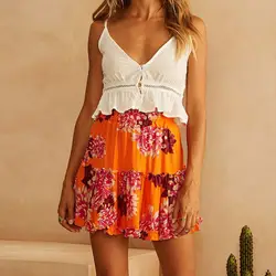 Feitong Мода 2019 г. оранжевый для женщин Летняя юбка S-XL Boho мини цветочный принт плиссированные сращивания складки harajuku короткая