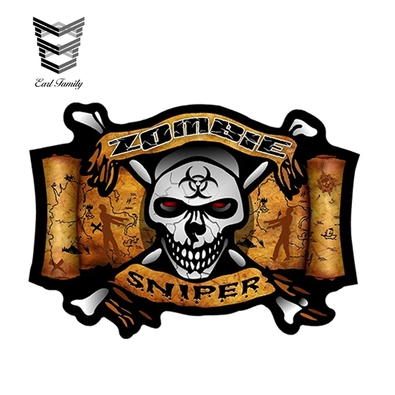 

EARLFAMILY 12cm x 8.5cm Zombie Sniper Skull Bone Decal Sticker Bio Hazard Hunting Map Car Bumper Window Vinyl Decal Car Stickers
