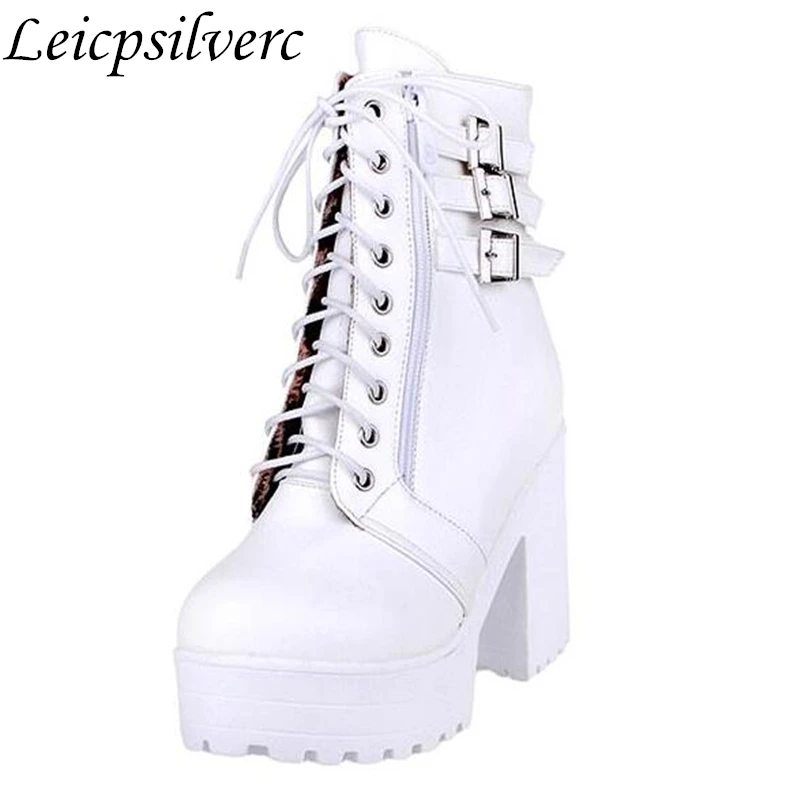 

New short boots female spring and autumn high heel thick and thick bottom Martin Boots White casual lounge single boots